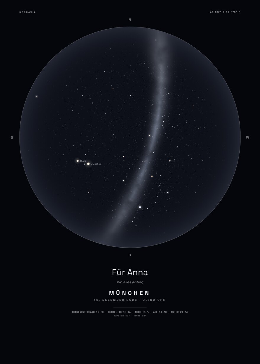 Nebravia Sternenkarte im Stil Schwarz: der berechnete Himmel über München am 14. Dezember 2026 um 2 Uhr