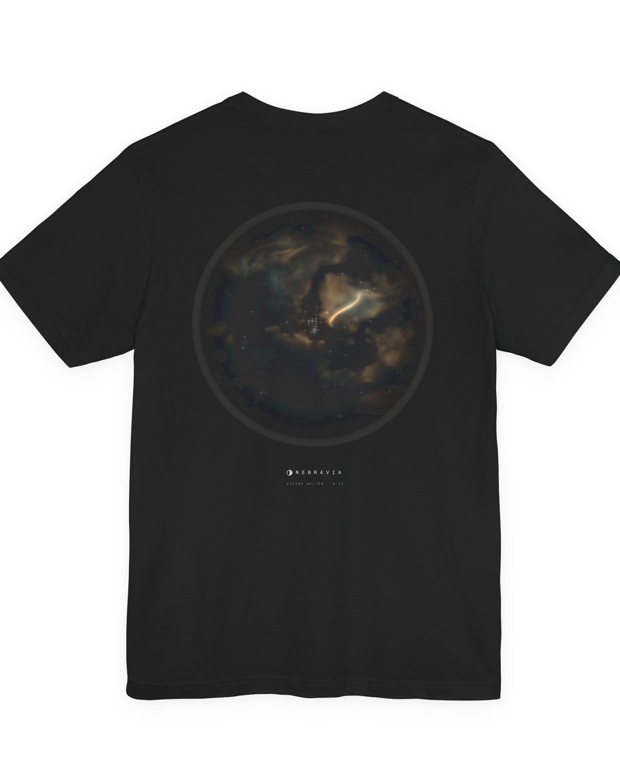 T-Shirt Gold Nebula — Nebel N-15 als Rückendruck auf Schwarz